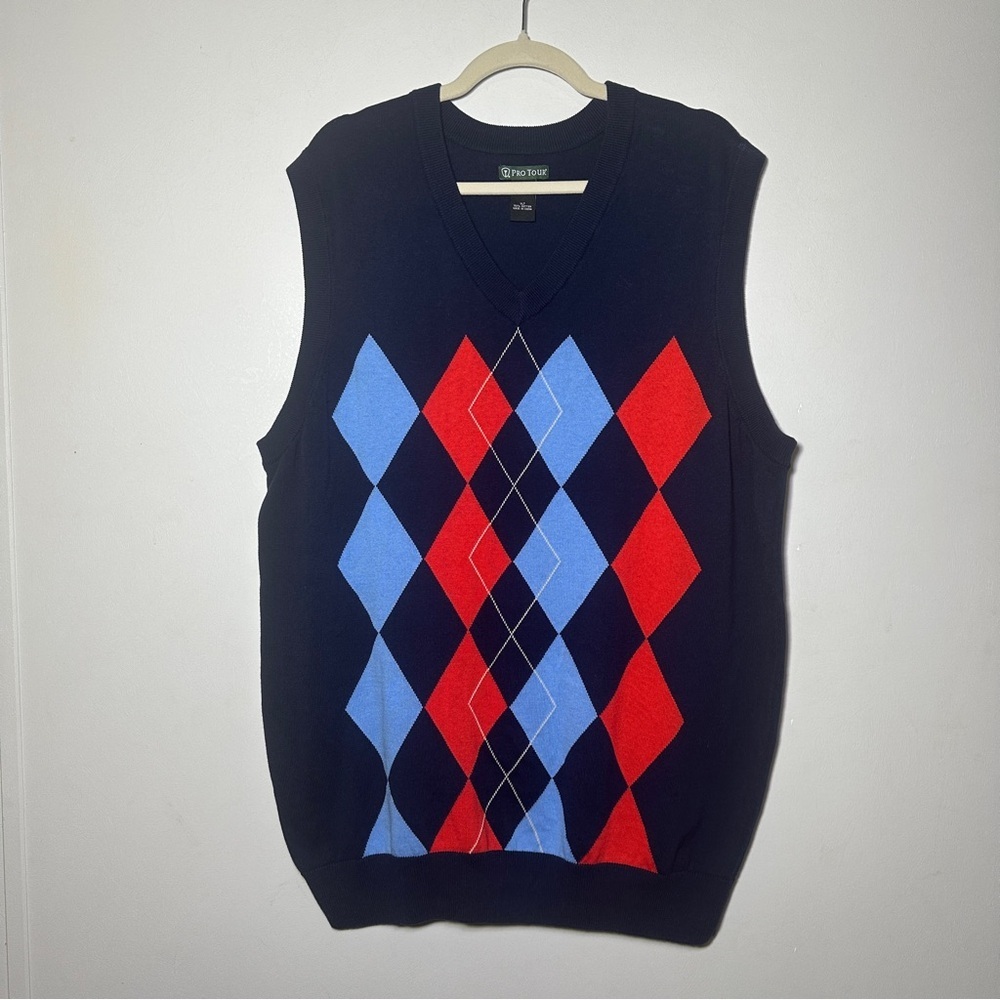 Pro Tour Golf Sweater Vest Size XLT Argyle Pattern Blue 100% Cotton